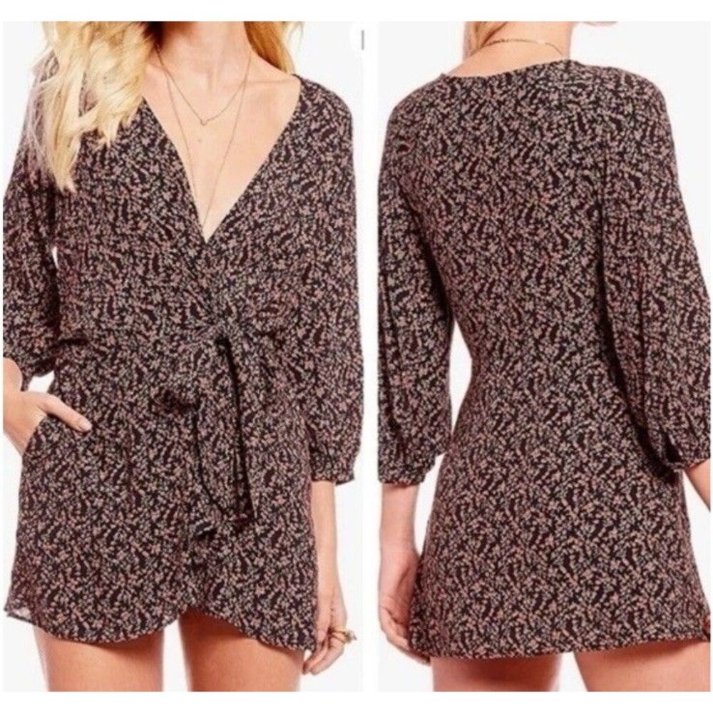 NWT Free People Dress Tunic S *Flaw* Clara Wrap Shirt Plunge Red Black Floral